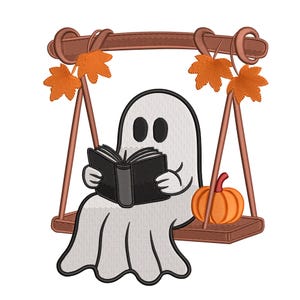 May include: An embroidered design featuring a friendly ghost reading a book while sitting on a wooden swing. The swing is decorated with orange fall leaves and a small pumpkin. The ghost is white with black eyes.