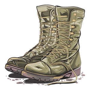 May include: An illustration of two olive green combat boots with tan laces. The boots are laced up and have a rugged, worn appearance. The soles are brown and the boots are set against a white background.