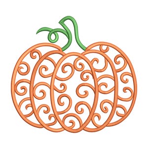 Puede incluir: Un diseño de calabaza naranja con un tallo verde. La calabaza está hecha de tres formas ovaladas conectadas con un patrón de remolino dentro de cada óvalo. El tallo es una vid verde curvada.
