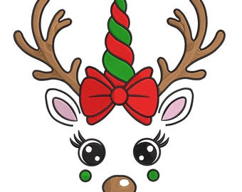 Christmas Reindeer Unicorn Face Embroidery Design – Kawaii Bow Machine Embroidery File