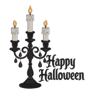 May include: Black candelabra with three lit candles and the text "Happy Halloween." The candles are white with yellow flames. The candelabra has a decorative design with hanging teardrop-shaped ornaments.