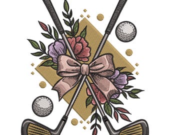 Floral Golf Clubs Embroidery Design: Bow & Golf Balls (Multiple Formats)