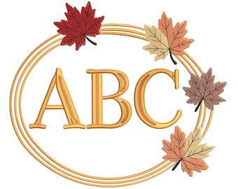 Autumn Monogram Wreath Embroidery Design – Fall Leaves Oval Frame