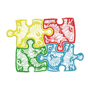 May include: Four-piece puzzle design on a white background. Each piece is outlined in a different colour: yellow, red, green, and blue. The interior of each piece features a floral pattern with white stitching.