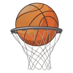 May include: An orange basketball with black lines is going through a gray hoop and white net. The basketball is textured and appears to be embroidered. The image is a graphic illustration of a basketball going into a hoop.