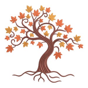 May include: An embroidered tree design with a brown trunk and branches, featuring orange and yellow maple leaves. The tree's roots are visible at the base, and the design is set against a white background. This image is suitable for fall-themed crafts.