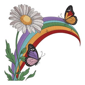 Könnte beinhalten: Gesticktes Design mit einer großen Gänseblume mit weißen Blütenblättern und gelber Mitte, einem Regenbogen und zwei Schmetterlingen. Einer hat orange und schwarze Flügel, der andere lila und rosa Flügel. Grüne Blätter und Stiele vervollständigen das Design.