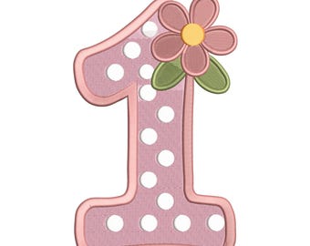 Polka-Dot Number 1 mit Blume – Stickdatei