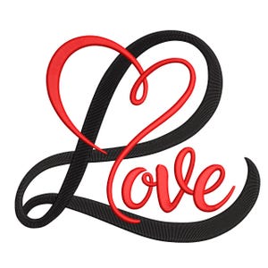 May include: A stylized design featuring the word "Love" in red script, intertwined with a red heart shape and a black, looping "L". The design has a textured, embroidered appearance, perfect for Valentine's Day.
