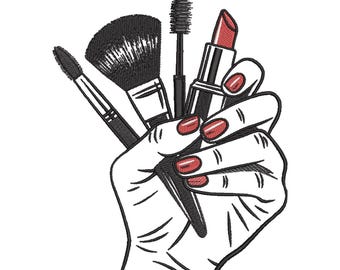 Makeup Artist Hand Tools Embroidery Design with Beauty Illustration Style
