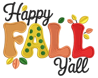 Happy Fall Y’all Embroidery Design – Autumn Lettering with Leaves & Pumpkin