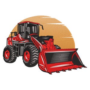 May include: Embroidered design of a red and black front-end loader with large tires and a scoop. The construction vehicle is set against a textured orange and yellow background, resembling a sunset. The design is detailed and bold.