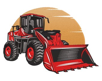May include: Embroidered design of a red and black front-end loader with large tires and a scoop. The construction vehicle is set against a textured orange and yellow background, resembling a sunset. The design is detailed and bold.