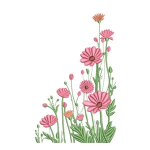 Può includere: Un disegno floreale ricamato con fiori rosa a forma di margherita con centri marroni e boccioli arancioni. I fiori hanno steli e foglie verdi, il tutto su sfondo bianco. Il disegno è probabilmente per progetti di tessuto o artigianato.