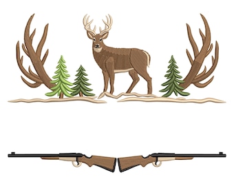 Deer Hunting Embroidery Design, Antlers Rifle & Forest Machine Embroidery File, Outdoor Hunter embroidery