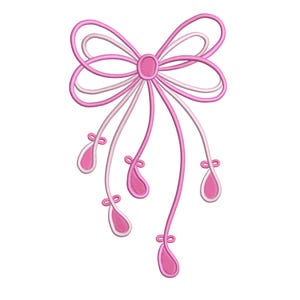 May include: Embroidered design of a pink and white bow with flowing ribbons and teardrop accents. The bow features a central oval shape and delicate, looping details, perfect for embellishing apparel or crafts.