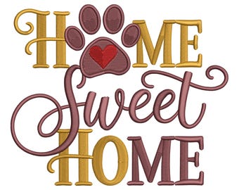 Diseño de bordado de corazón con huella de pata: Archivo de decoración para mascotas "Hogar, dulce hogar"