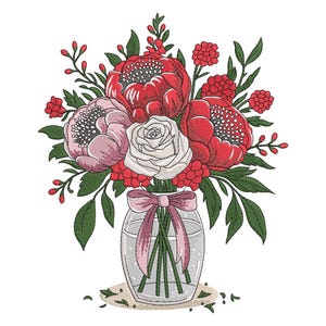 May include: Embroidered floral bouquet in a glass vase. The bouquet features red peonies, pink flowers, and a white rose, accented with green leaves and red berries. A pink ribbon adorns the vase, creating a charming and decorative design.