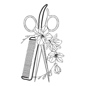 May include: A black and white line art embroidery design featuring a pair of open scissors and a fine-toothed comb arranged vertically. The tools are intertwined with a cluster of detailed floral blossoms and delicate stems on the right side.