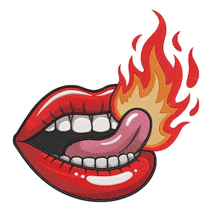 May include: Embroidered design of red lips with a pink tongue and flames. The lips are open, revealing white teeth. The flames are red and orange, giving a fiery effect. The design is on a white background.