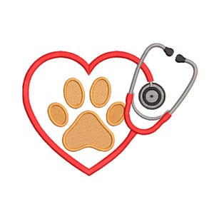 May include: A red heart outline with a tan paw print inside. A red and silver stethoscope is draped over the heart. The stethoscope has black earpieces and a black and silver chest piece. The image is on a white background.