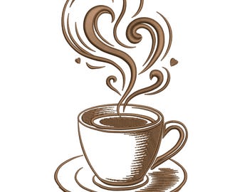 Diseño de bordado para taza de café: Remolino de vapor, cafetería minimalista (varios tamaños)