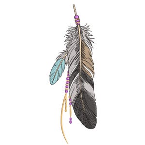 May include: Embroidered feather design in shades of gray, brown, and blue, accented with purple beads and gold-colored strands. The feather has a detailed, textured appearance, suggesting a handcrafted or artistic item.