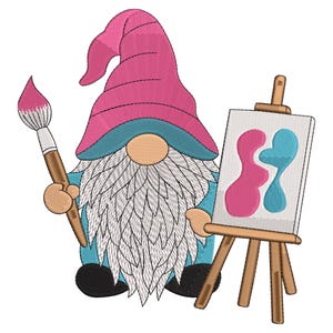 May include: An embroidered gnome artist wearing a pink hat and blue shirt, with a white beard, holding a paintbrush and standing next to a small easel with a painting. The painting has pink and blue abstract shapes.