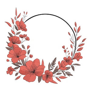 以下が含まれることがあります： 黒い円形のフレームの周りに配置された、サンゴ色の花と茶色の葉が特徴のフローラル刺繍デザイン。 デザインは白い背景に設定されており、印象的なコントラストを生み出しています。 花には詳細なステッチが施されています。