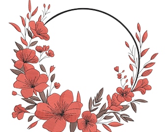 Red Floral Wreath Embroidery Design: Botanical Circle Frame