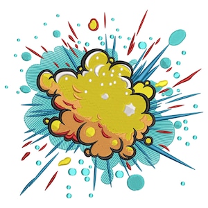 May include: Embroidered design of a comic book explosion. The central explosion is yellow and orange, outlined in black. Blue, red, and yellow bursts and bubbles surround the explosion on a white background. The design is likely for patches or apparel.
