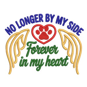 Op de afbeelding: Een borduurontwerp met de blauwe tekst NO LONGER BY MY SIDE gebogen over een rood hart met een rode pootafdruk. Onder het hart staat de groene tekst Forever in my heart, geflankeerd door twee goudgele engelvleugels aan weerszijden.