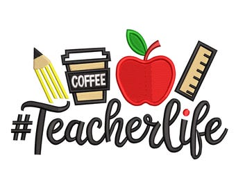 Teacherlife Embroidery Design – Pencil, Coffee, Apple & Ruler Machine Embroidery File