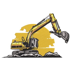 Könnte beinhalten: Gesticktes Design eines gelb-schwarzen Baggers auf einer felsigen Oberfläche, vor einem gelben Sonnenuntergrund. Die Baumaschine ist detailliert mit Schatten und Lichtern, was ein Konstruktionsthema suggeriert.