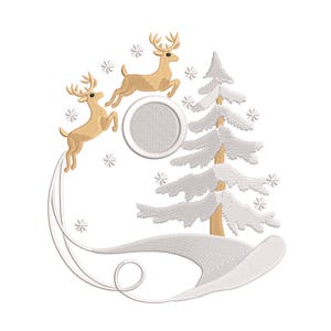 May include: An embroidered design featuring two leaping reindeer in shades of tan and gold, with a white snowy landscape and a Christmas tree. The design includes snowflakes and a circular area, all on a white background. A festive winter holiday theme.