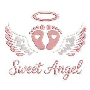 May include: A design featuring baby footprints with heart cutouts, angel wings, and a halo in shades of pink and white. The words "Sweet Angel" are written in a cursive font below the design. This design is perfect for baby-themed products.