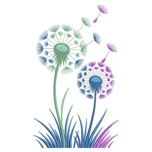 May include: An embroidered design featuring two dandelions in shades of green, blue, and purple. The dandelions have detailed seed heads and stems, with some seeds floating away. The design includes blue and purple grass-like elements at the base, all set against a white background.