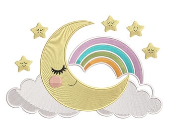 Sleeping Moon Rainbow Embroidery Design, Baby Night Sky (Embroidery File)