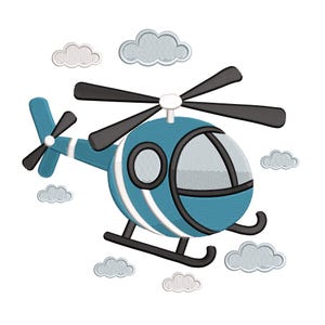 May include: A blue and white helicopter with black rotor blades and a tail fin, surrounded by fluffy white and gray clouds. The helicopter has a circular window and a curved landing gear, perfect for children's decor.
