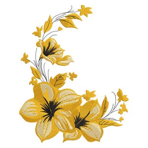 May include: Embroidered floral design featuring yellow flowers with black centers and detailed petals. The design includes yellow leaves and small flower accents, all set against a white background. The embroidery showcases a detailed, textured appearance.