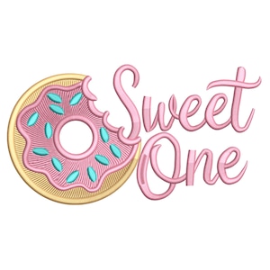 May include: A pink embroidered donut with teal sprinkles and a bite taken out of it. The donut is set against a gold background. The words "Sweet One" are written in pink cursive script.