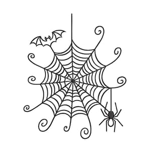 May include: A black and white illustration of a spider's web, a bat, and a spider, perfect for Halloween. The web is circular with a central point and curved lines. The bat is at the top left, and the spider hangs below.