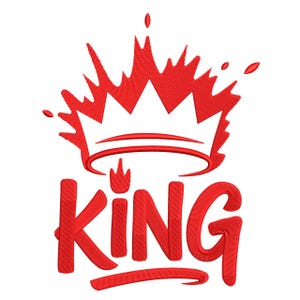 Può includere: Design ricamato rosso con una corona e la parola "KING". La corona ha un design a spruzzo con punte e goccioline. La parola "KING" è in lettere in grassetto e stilizzate, il tutto in rosso su sfondo bianco.