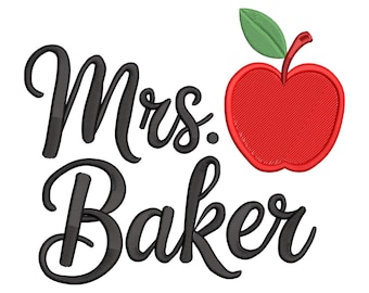 Disegno da ricamo della signora Baker - File per ricamo a macchina con nome dell'insegnante Apple
