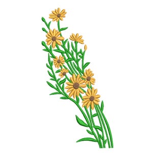 May include: Embroidered design of a bouquet of yellow daisies with brown centers and green stems and leaves. The floral arrangement is angled diagonally across a white background.