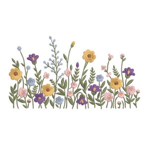 Wildflower Border Embroidery Design, Meadow Floral Machine Embroidery Pattern, Spring Garden Embroidery File