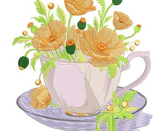 Teacup with Flowers Embroidery Design – Floral Tea Cup Machine Embroidery
