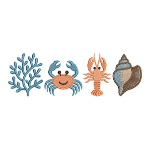 May include: Embroidered sea-themed designs including blue coral, a smiling crab with blue claws, an orange lobster, and a seashell with blue and brown accents. These designs are likely for crafting or nautical-themed projects.