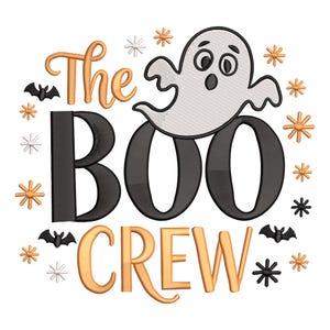 May include: A Halloween-themed design featuring a friendly ghost above the words "The BOO CREW" in black and gold lettering. The design includes bats, stars, and snowflakes, perfect for spooky season.
