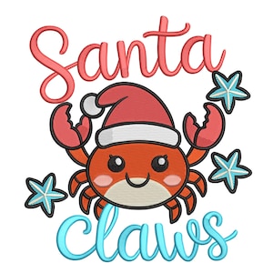 May include: A cartoon crab wearing a Santa hat, with the words "Santa Claws" in pink and blue script. The crab is orange with black eyes and red claws. Blue starfish surround the crab on a white background.
